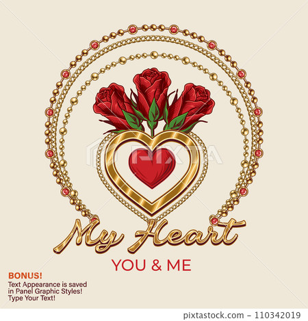 Happy Valentines Day label with heart, bouquet with red roses buds, jewelry golden chains. For greeting card, wedding, engagement event decoration. Text graphic style included 110342019