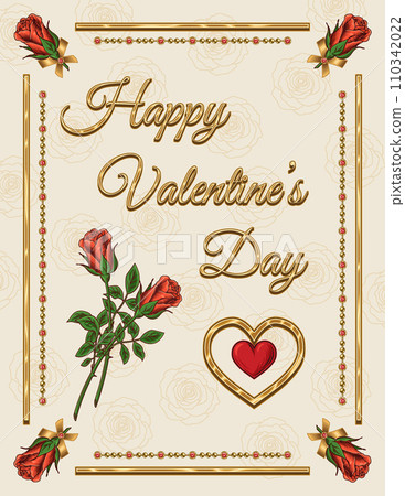 Vintage gold frame with heart, roses, golden rails, copy space on beige textured background. Valentines Day holiday. Template for greeting card, menu, poster, invitation, prints Letter paper size 110342022