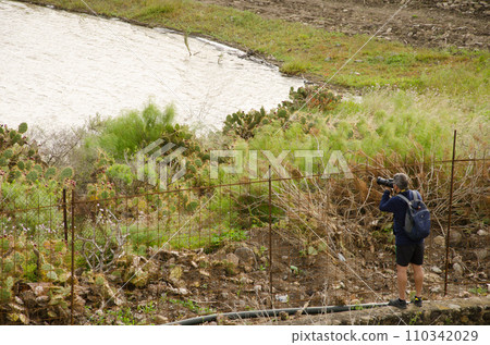 Man photographing birds by a pond. Man photographing birds by a pond. 110342029