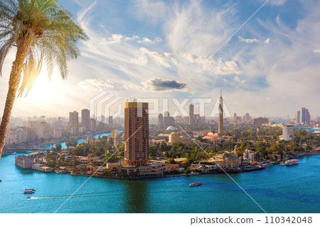 Aerial panorama of the downtown and the Nile river in Cairo, Egypt Aerial panorama of the downtown and the Nile river in Cairo, Egypt 110342048