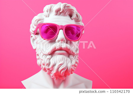Ancient greek sculpture wearing pink sunglasses. Bust sculpture in glasses. Minimal composition, modern art, party, vacation and romantic concept 110342170