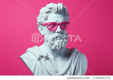 Ancient greek sculpture wearing pink sunglasses. Bust sculpture in glasses. Minimal composition, modern art, party, vacation and romantic concept 110342172