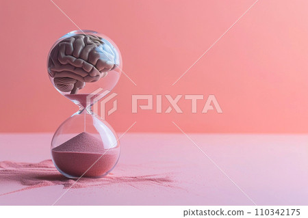 Human brain in hourglass, medical and psychology concept, brain aging, memory loss, Alzheimer's disease, mental health, thinking process, lifetime. Time is running, flow of time, passing countdown. Human brain in hourglass, medical and psychology concept, brain aging, memory loss, Alzheimer's disease, mental health, thinking process, lifetime. Time is running, flow of time, passing countdown. 110342175