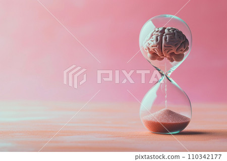 Human brain in hourglass, medical and psychology concept, brain aging, memory loss, Alzheimer's disease, mental health, thinking process, lifetime. Time is running, flow of time, passing countdown. 110342177