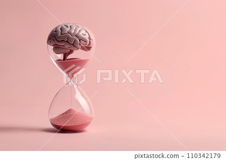 Human brain in hourglass, medical and psychology concept, brain aging, memory loss, Alzheimer's disease, mental health, thinking process, lifetime. Time is running, flow of time, passing countdown. Human brain in hourglass, medical and psychology concept, brain aging, memory loss, Alzheimer's disease, mental health, thinking process, lifetime. Time is running, flow of time, passing countdown. 110342179