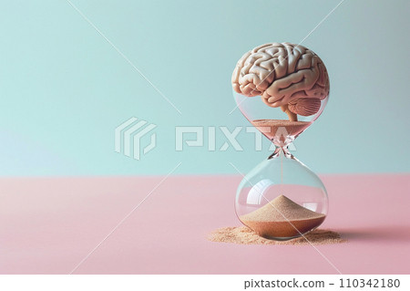 Human brain in hourglass, medical and psychology concept, brain aging, memory loss, Alzheimer's disease, mental health, thinking process, lifetime. Time is running, flow of time, passing countdown. 110342180