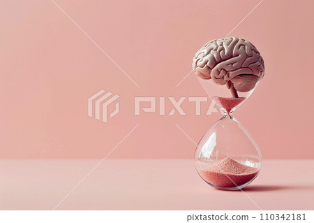Human brain in hourglass, medical and psychology concept, brain aging, memory loss, Alzheimer's disease, mental health, thinking process, lifetime. Time is running, flow of time, passing countdown. Human brain in hourglass, medical and psychology concept, brain aging, memory loss, Alzheimer's disease, mental health, thinking process, lifetime. Time is running, flow of time, passing countdown. 110342181