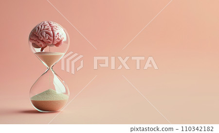 Human brain in hourglass, medical and psychology concept, brain aging, memory loss, Alzheimer's disease, mental health, thinking process, lifetime. Time is running, flow of time, passing countdown. Human brain in hourglass, medical and psychology concept, brain aging, memory loss, Alzheimer's disease, mental health, thinking process, lifetime. Time is running, flow of time, passing countdown. 110342182