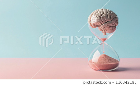 Human brain in hourglass, medical and psychology concept, brain aging, memory loss, Alzheimer's disease, mental health, thinking process, lifetime. Time is running, flow of time, passing countdown. 110342183