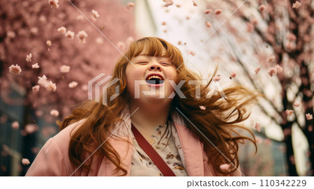 Modern happy young smiling girl girl with Down syndrome against the background of blooming pink cherry trees and the metropolis of the city. Modern happy young smiling girl girl with Down syndrome against the background of blooming pink cherry trees and the metropolis of the city. 110342229