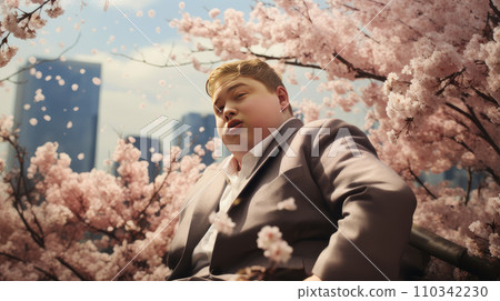 Modern happy young smiling guy man with Down syndrome against the background of blooming pink cherry trees and the metropolis of the city. Modern happy young smiling guy man with Down syndrome against the background of blooming pink cherry trees and the metropolis of the city. 110342230