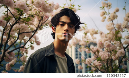 Modern happy young serious puzzled Asian guy against the background of blooming pink cherry trees and metropolis city. Modern happy young serious puzzled Asian guy against the background of blooming pink cherry trees and metropolis city. 110342237