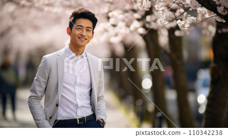 Modern happy young smiling Asian man against the backdrop of pink cherry blossoms and metropolis city. 110342238