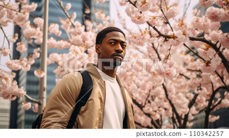 Modern happy young smiling dark-skinned African man against the backdrop of pink cherry blossoms and metropolis city. Modern happy young smiling dark-skinned African man against the backdrop of pink cherry blossoms and metropolis city. 110342257