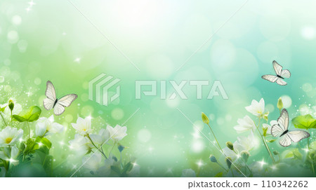 Abstract natural spring background with butterflies and light green meadow flowers close-up. Abstract natural spring background with butterflies and light green meadow flowers close-up. 110342262
