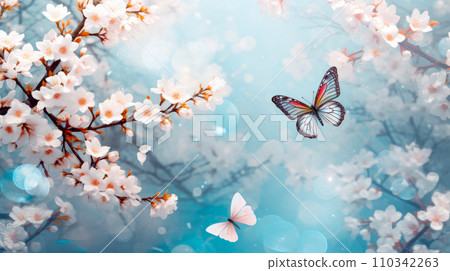 Abstract natural spring background with butterflies and blue, sky blue meadow flowers closeup. 110342263