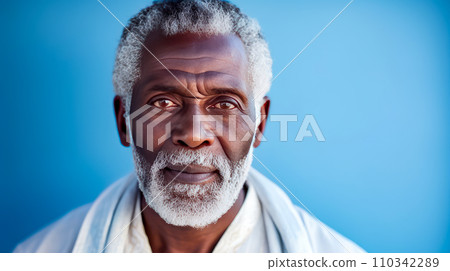 Handsome elegant, elderly African American man, on a light blue background, banner, close-up, copy space. 110342289