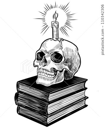 Skull, candle and book. Hand-drawn black and white illustration Skull, candle and book. Hand-drawn black and white illustration 110342306