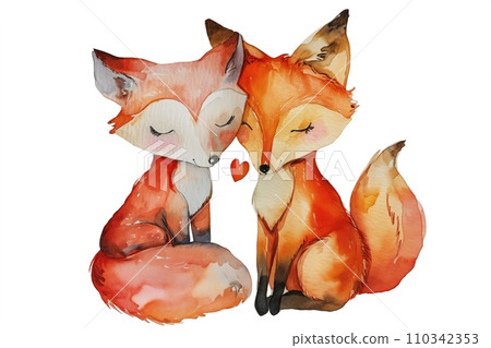 AI-generated content. Two foxes in a tender embrace, captured in watercolor, with a small heart between them, perfect for Valentine's Day themes or affectionate wildlife art. 110342353