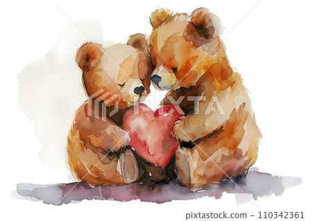 AI-generated content. Watercolor painting of two teddy bears sharing a heart, a gentle image that could grace a Valentine's Day card or a children's book page. 110342361