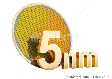 Silicon Wafer with Processor Cores, 5 nm size. 3D rendering Silicon Wafer with Processor Cores, 5 nm size. 3D rendering 110342395