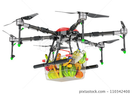 Delivery drone with shopping basket full of grocery products, fruits and vegetables. 3D rendering 110342408