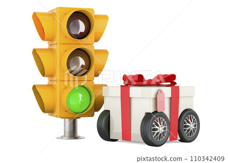 Traffic light with gift box, 3D rendering Traffic light with gift box, 3D rendering 110342409
