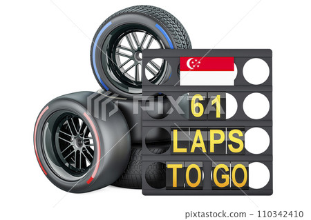 Singaporean racing, pit board with flag of Singapore and racing wheels with different compounds type tyres. 3D rendering Singaporean racing, pit board with flag of Singapore and racing wheels with different compounds type tyres. 3D rendering 110342410