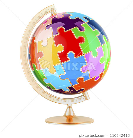World Globe from Colored Puzzles, 3D rendering 110342413