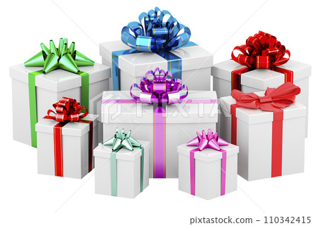 Gift Boxes with colored bows and ribbons, 3D rendering Gift Boxes with colored bows and ribbons, 3D rendering 110342415
