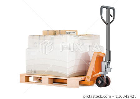 Pallet jack with parcels wrapped in the stretch film, 3D rendering 110342423