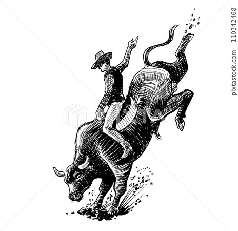 Cowboy riding a rodeo horse. Hand-drawn black and white illustration Cowboy riding a rodeo horse. Hand-drawn black and white illustration 110342468