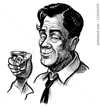 Alcoholic character with a glass of whiskey. Hand-drawn ink black and white drawing Alcoholic character with a glass of whiskey. Hand-drawn ink black and white drawing 110342470