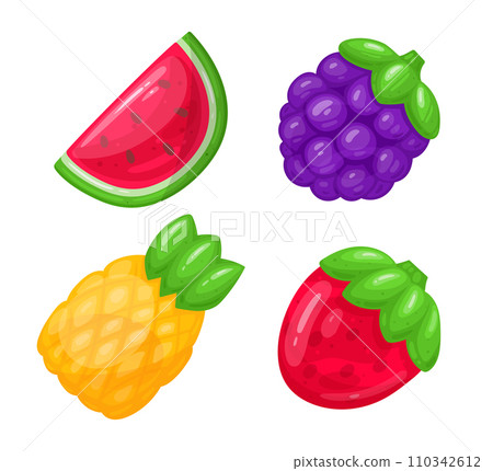 Fruity gummies. Cartoon jelly candies, chewy jelly candy sweets with watermelon, pineapple, strawberry and blackberry flavor flat vector illustration set. Jelly candies collection 110342612