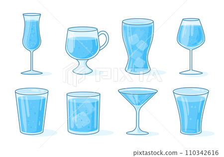 Water glasses. Cartoon transparent water glasses and cups, glass with ice mineral water flat vector illustration set. Water tableware collection 110342616