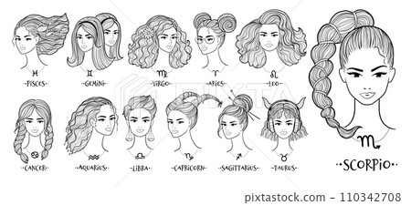 Zodiac signs line art female face portraits Zodiac signs line art female face portraits 110342708