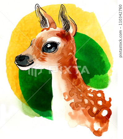 Baby deer. Hand-drawn ink and watercolor sketch	 110342760