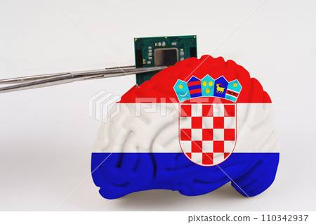 On a white background, a model of the brain with a picture of a flag - Croatia, a microcircuit, a processor, is implanted into it. On a white background, a model of the brain with a picture of a flag - Croatia, a microcircuit, a processor, is implanted into it. 110342937