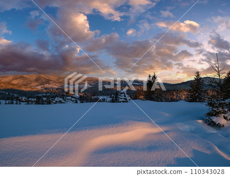 Alpine village outskirts in last evening sunset sun light. Winter snowy hills and fir trees. Picturesque clouds and Moon in dusk sky. 110343028