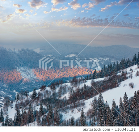 Evening winter Ukrainian Carpathian Mountains landscape. 110343121