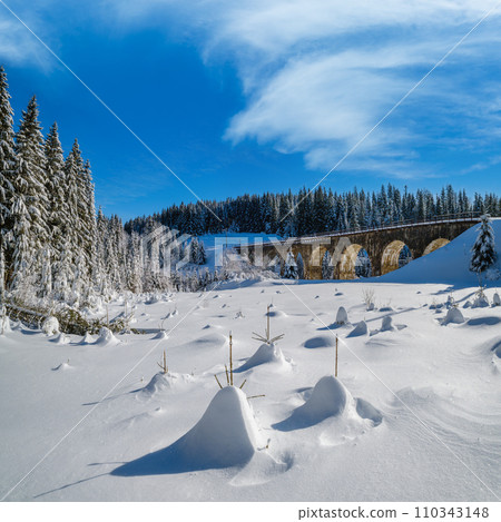 Stone viaduct (arch bridge) on railway through mountain snowy fir forest. Snow drifts on wayside and hoarfrost on trees and electric line wires. Stone viaduct (arch bridge) on railway through mountain snowy fir forest. Snow drifts on wayside and hoarfrost on trees and electric line wires. 110343148