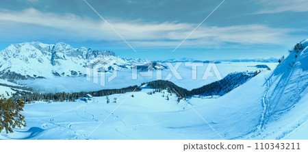 Cloudy winter mountain panorama (Hochkoenig region, Austria). Cloudy winter mountain panorama (Hochkoenig region, Austria). 110343211