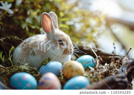 Little bunny with decorated eggs. Easter card concept. Generative AI 110343285