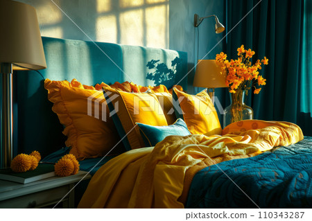 Modern bedroom with elegant bedding in yellow and blue colors. Room arranged with lamps and flowers in vases. Generative AI Modern bedroom with elegant bedding in yellow and blue colors. Room arranged with lamps and flowers in vases. Generative AI 110343287