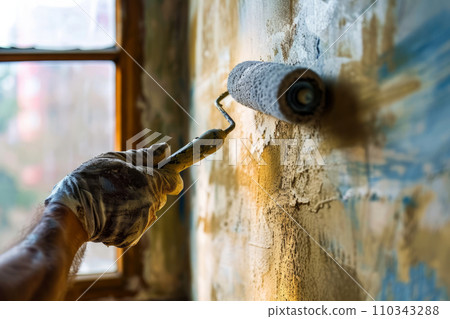 Hand painting wall with paint roller. Renovating concept. Generative AI 110343288