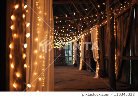 Indoor barn wedding with string lighting to celebrate marriage in a rustic setting. Generative AI Indoor barn wedding with string lighting to celebrate marriage in a rustic setting. Generative AI 110343328
