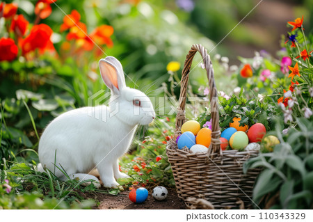 White rabbit with a basket full of colorful easter eggs on green background. Generative AI White rabbit with a basket full of colorful easter eggs on green background. Generative AI 110343329