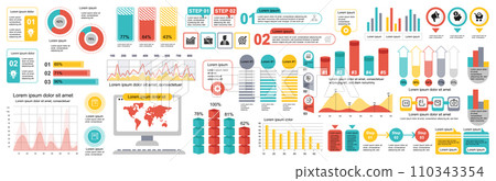Mega set of infographic elements data visualization vector design template. Can be used for steps, options, business process, workflow, diagram, flowchart, timeline, marketing. Bundle info graphics. Mega set of infographic elements data visualization vector design template. Can be used for steps, options, business process, workflow, diagram, flowchart, timeline, marketing. Bundle info graphics. 110343354