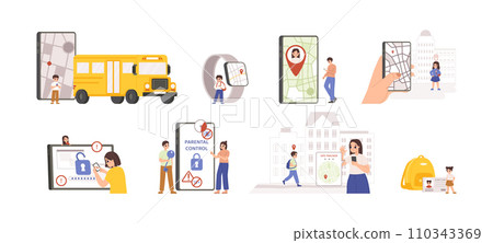 Parental control and children safety technologies. Kids safety rules in internet and on street, gps tracker for parent and school card, snugly vector scenes 110343369