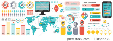 Mega set of infographic elements data visualization vector design template. Can be used for steps, options, business process, workflow, diagram, flowchart, timeline, marketing. Bundle info graphics. 110343370